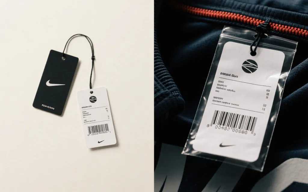 正品与仿品细节对比示意：吊牌信息、走线、印花边缘、包装与条码