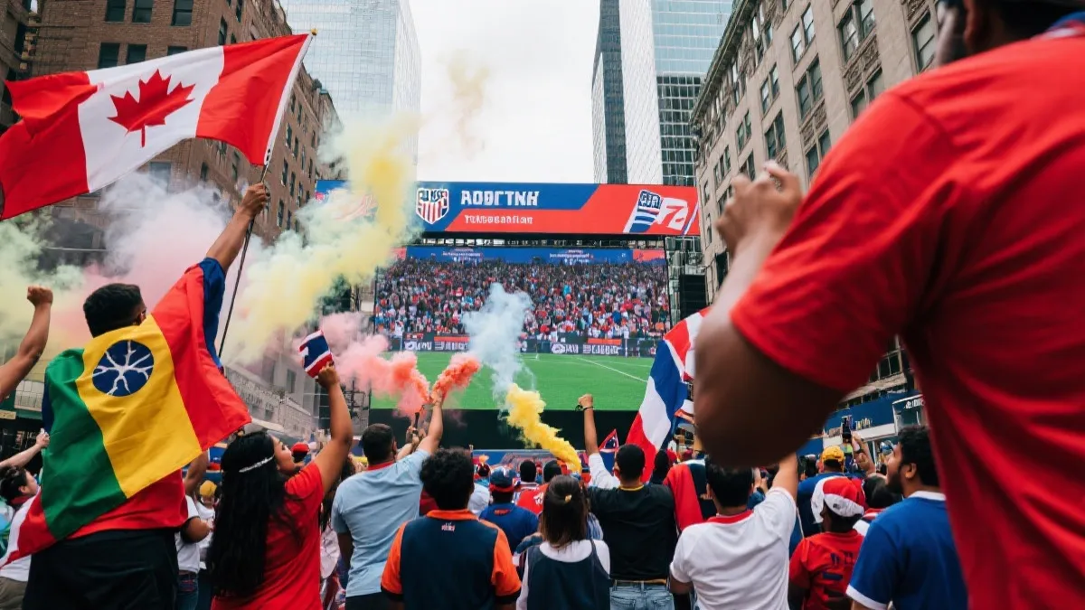 球迷在城市街头观赛大屏前欢呼，体现文化输出与在地化融合