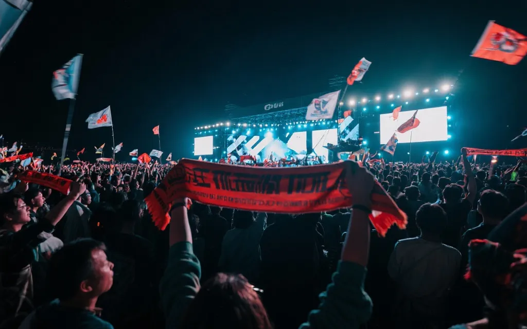 夜幕下球迷区大屏观赛，人群挥舞围巾与旗帜，灯光与氛围感强