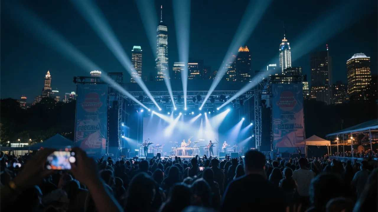户外舞台音乐演出与人群互动，灯光与城市夜景，节庆氛围
